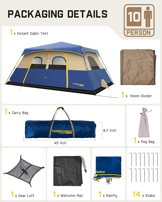 FanttikOutdoor Camping Tent 4/6/8/10 Person Instant Cabin Tent Setup in 60 Seconds with Rainfly & Windproof Portable with Carry Bag for Family Camping & Hiking, Upgraded Ventilation