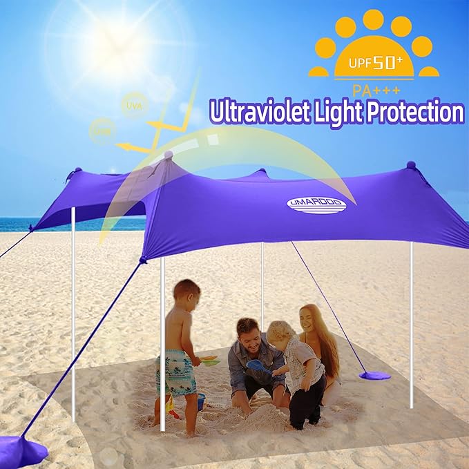 UMARDOO Family Beach Tent Canopy Sun Shade Portable 7×7FT, Large Wind Resistance Beach Sun Shelter Easy Setup with Packable Carry Bag for Outdoor Travel UPF 50+(Purple)