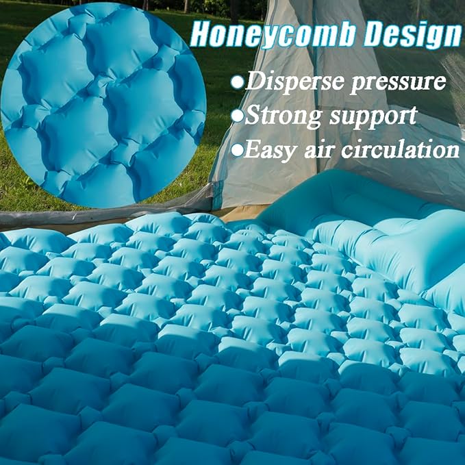 Sleeping Pad for Camping, Inflatable Sleeping Mat with Pillow, Camping Pad with Built-in Foot Pump, Lightweight Camping Mattress Pad for Car Camping, Backpacking, Tent and Hiking (Full (Teal))