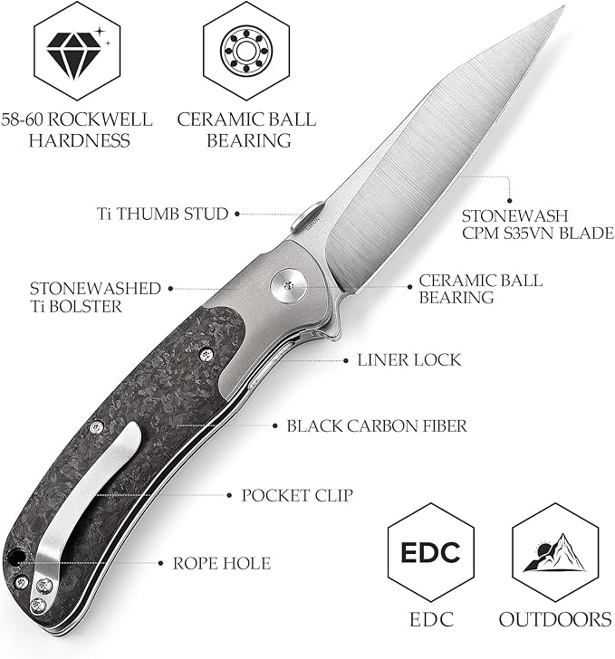 Flipper Folding Knife for Men, Pocket Knife with Clip, 3.66" CPM S35VN Steel Wharncliffe Blade, Ti Bolster and Thumb Disk,Carbon Fiber Scales for EDC Camping Outdoor,UMa-05