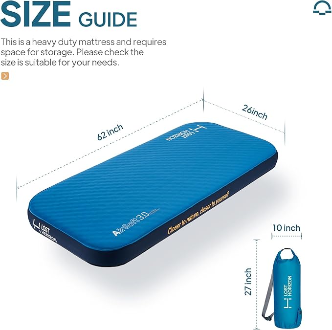 LOSTHORIZON Air & Foam Camping Mattress, Self-Inflating Sleeping Pad, 4.5" Thick, with Pump Sack, Slim Single