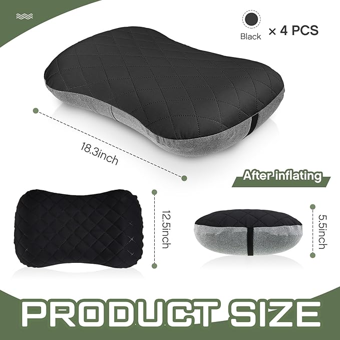 Soaoo 4 Pcs Camping Pillow with Removable Cover Inflatable Pillow Lightweight Backpacking Pillow Neck Lumbar Support Pillow Blow up Pillow with Storage Bags for Air Travel Sleeping Seat Hiking (Black)