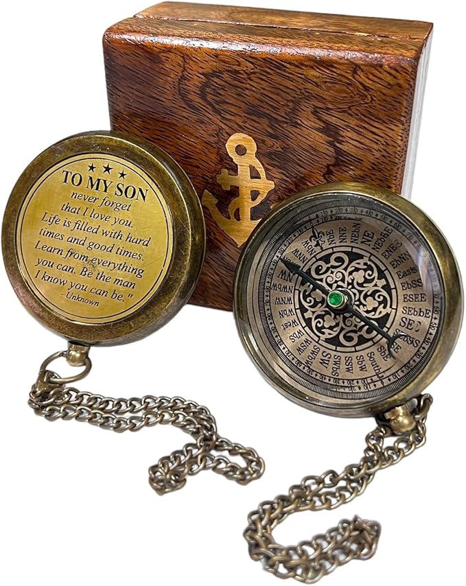 Handmade Brass Engraved Compass on Chain with Wooden Box, Vintage Style Nautical Compass with Intricate Engraving, 2.25 Inches in Diameter