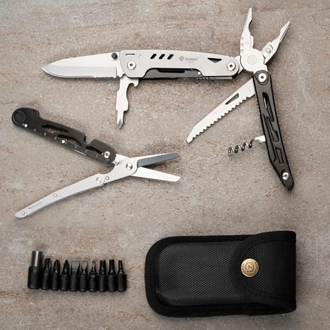 Ganzo G304 Full-sized Multitool, 21-in-1 Stainless Steel Pocket Knife with Screwdriver, Pliers with Sheath, Perfect for Outdoor, Survival, Camping, Hiking, Repair, EDC, Silver-black
