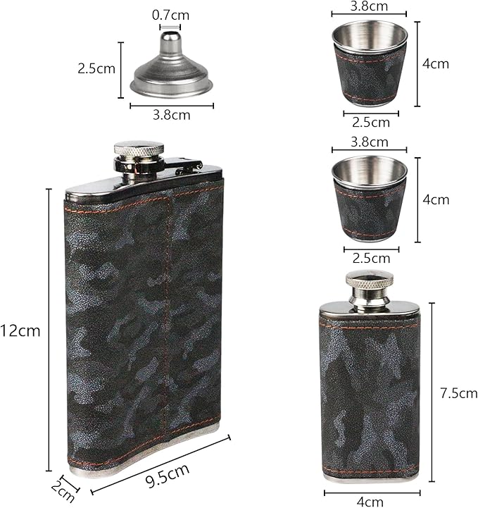 Hip Flask Gift Set, Hip Flasks for Liquor for Men with camouflage Leather Cover, 8 Oz Hip Flask, 18/8 Stainless Steel Hip Flasks, Flasks for Liquor for Men Gift Box