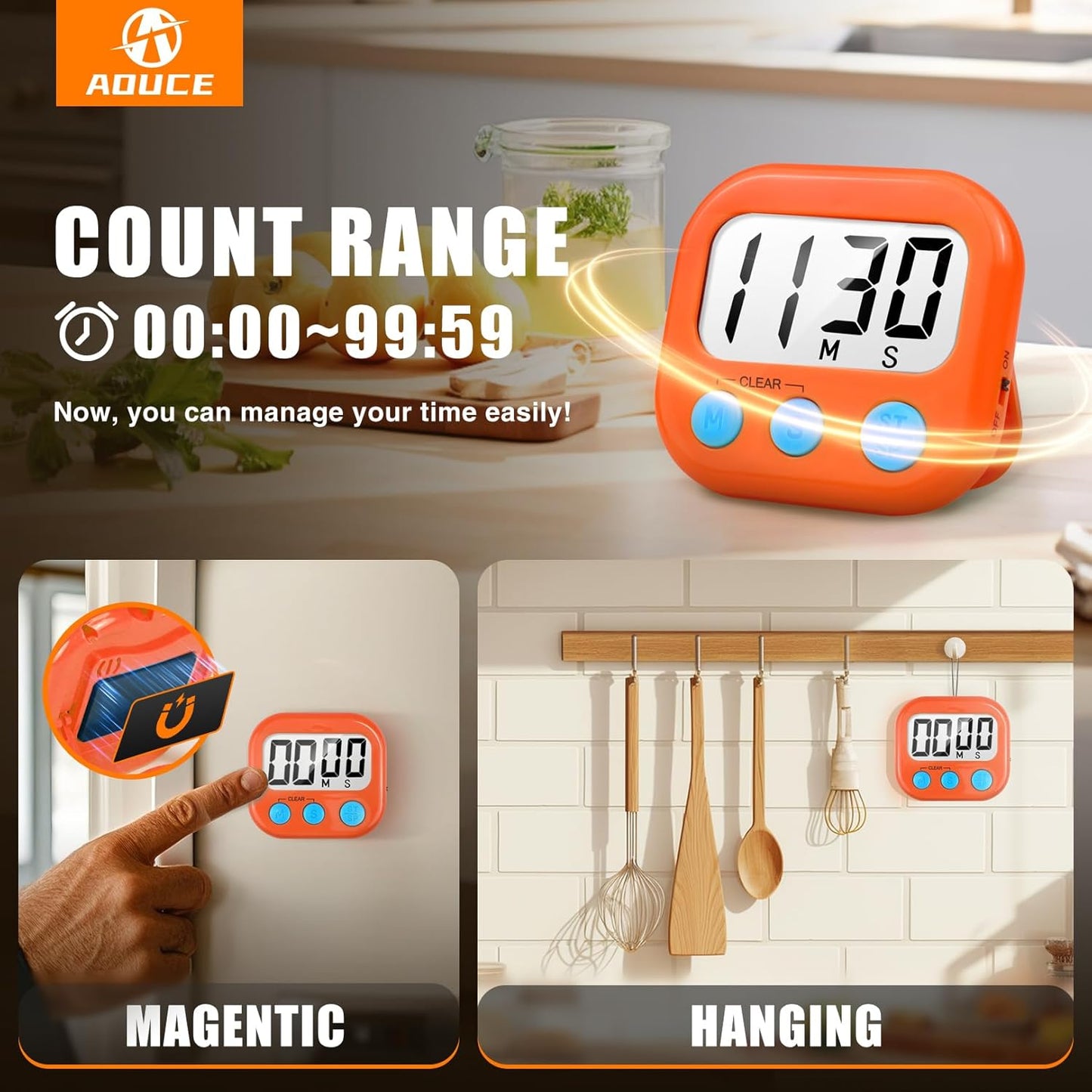 2 Pack Digital Kitchen Timer for Cooking Big Digits Loud Alarm Magnetic Backing Stand Cooking Timers for Baking Orange
