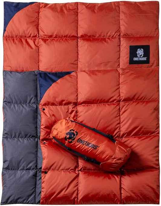 OneTigris Down Camping Blanket for Cold Weather Packable Puffy Backpacking Lightweight Quilt Hiking Gardening Travel Beach Picnic (Orange)