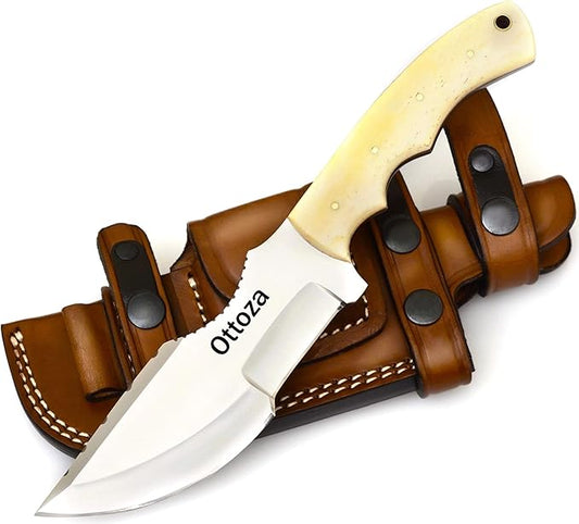 Ottoza Tracker Knife & Bone Handle - Fixed Blade Hunting Knife - Horizontal Carry Knife Sheath 371
