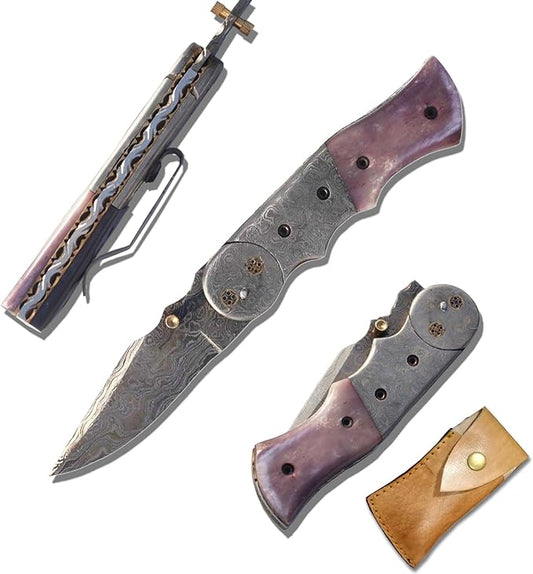 Damascus Folding Knife, Damascus Steel folding knife with Sheath, Damascus Pocket Knife with Bone, Hunting Knife, Pocket Knife for Men Birthday Gift