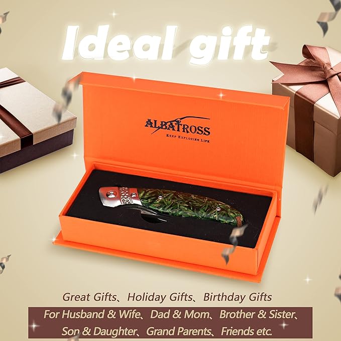 ALBATROSS HGDK028 EDC Sharp Mordern Damascus Folding Pocket Knife with Green paddy Synthetic Material Handle,Ball Bearing Assisted Opening Knives with Liner Lock Tail rope，Gifts/Collections