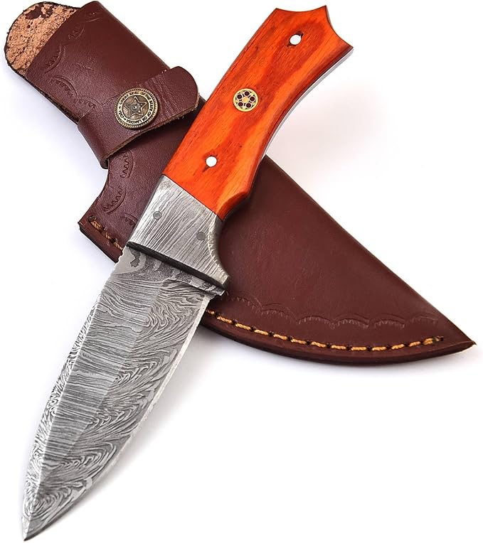 Handmade Damascus Skinning Knife with Sheath, 8-inch Fixed Blade knife Sharpener & Fire Starter for Camping, Outdoor, Bushcraft (RED HANDLE)