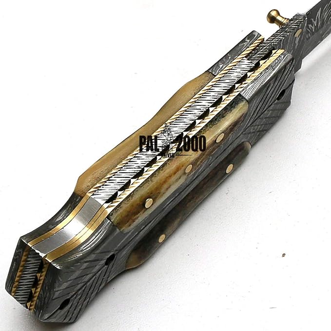 PAL 2000 KNIVES FOL-8897 Handmade Damascus Steel Blade Folding Pocket Hunting Knife with Sheath