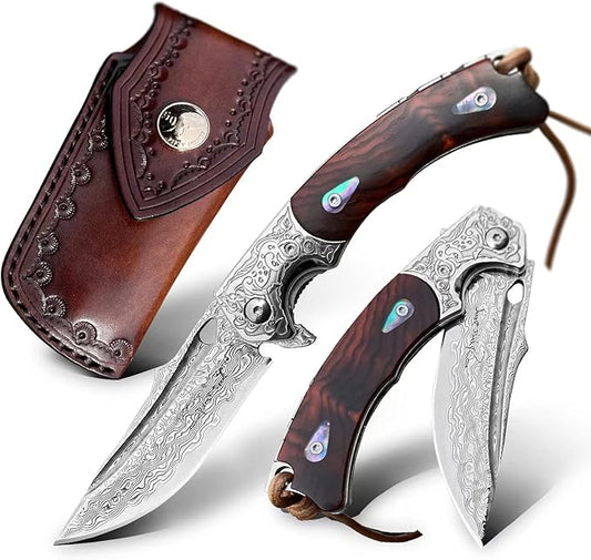 Handmade knife Japanese VG10 Damascus Steel Folding Knife,Rosewood Liner Lock Handle,EDC Pocket Knives for Men Outdoors Camping Fishing