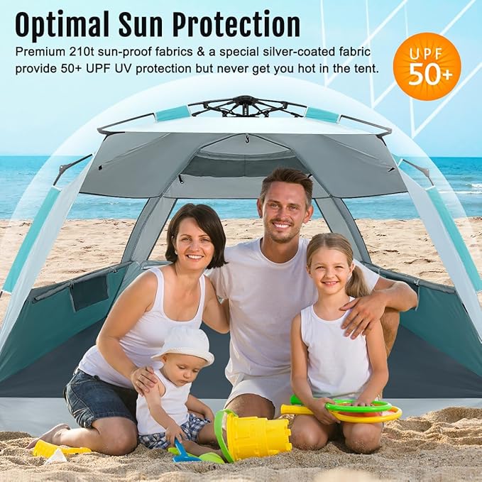 WhiteFang Deluxe Pop Up Beach Tent Sun Shade Shelter for 3-4/5-6 Person, UV Protection, Extendable Floor with 3 Ventilating Windows Plus Carrying Bag, Stakes, and Guy Lines