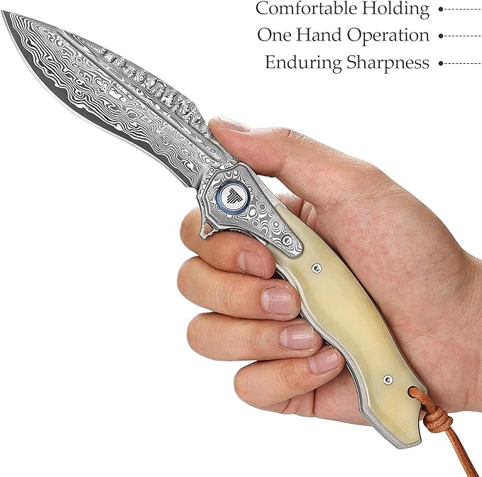 Lepus-02｜4.09" Damascus Folding Knives & Pocket Knife for Men, EDC Flipper Knife with Leather Holster，Hand Polished OX Bone Scale，Collections, Gift Box