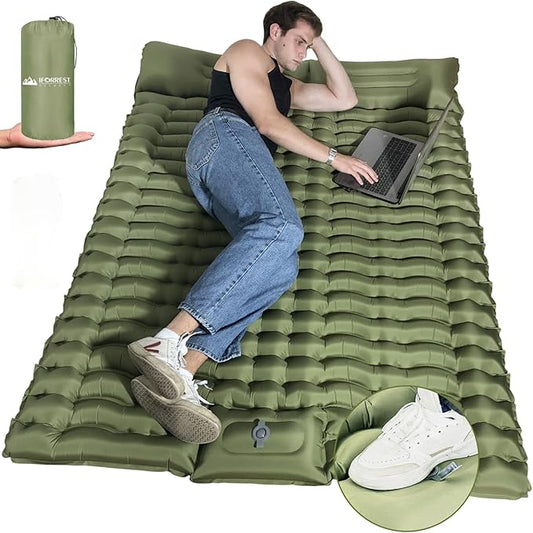Camping Double Sleeping Pad - Fast 60s Foot Pump Inflatable Air Mattress, Ultralight Durable Ergonomic Egg-Shaped Mat, Built-in Pillow, Ideal for Backpacking