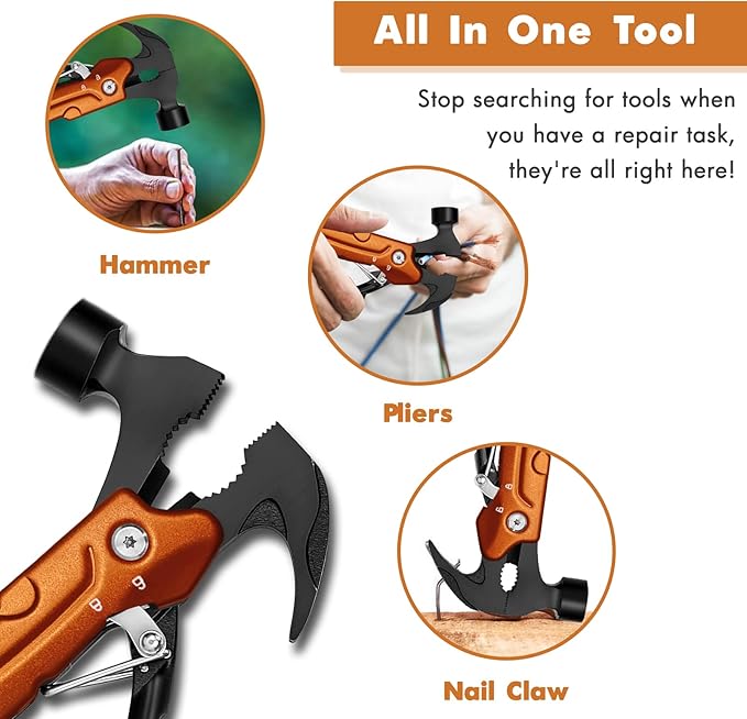 Hammer Multitool Cool Gadgets Multi Tool with Gift Box Carrying Case Birthday Stocking Stuffers Father's Day Gifts Valentines Day Gifts for Men Husband Him Camping Accessories(Orange)