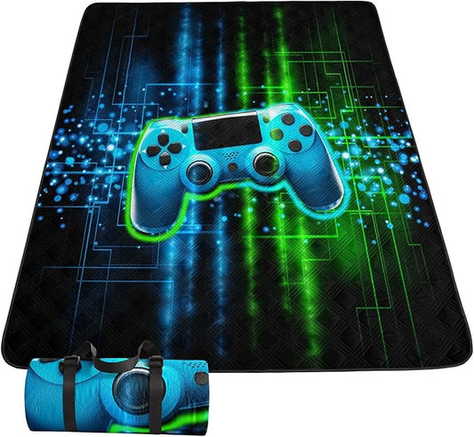 Outdoor Picnic Blanket Portable Ultrasonic Waterproof Picnic Mat Green Gamepad Printed Camping Beach Mat for Sand and Wet Grass Hiking (Green Gamepad S)