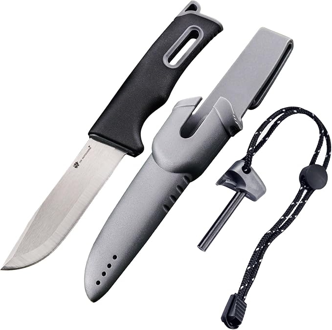 HX OUTDOORS Extra Sharp Survival Bushcraft Knife with Fire Starter, Premium 14C28N Steel Fixed Blade Camping Knife with Sheath for Outdoor, Hiking, Backpacking(Black)