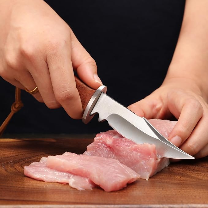 Compact fixed blade outdoor knife, 3.4 inch stainless steel fixed blade, with leather knife cover, brown wooden handle, suitable for EDC, outdoor, camping, hiking