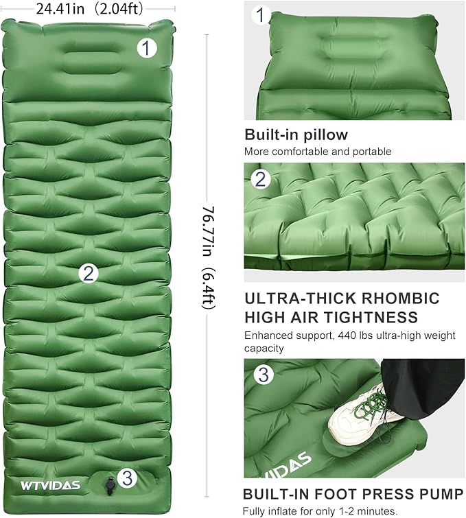 Oversized Camping Sleeping Pad,4.2" Thick Ultralight Camping Sleeping Mats for Adults,Camping Mattress with Pillow & Built-in Pump for Tent,Backpacking,Travel