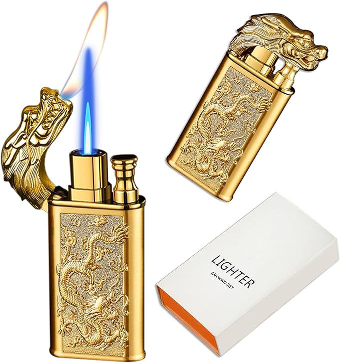 Torch Lighter Magic Dual Flame Dragon Lighter, Windproof Adjustable Jet Flame and Soft Flame, Refillable Butane Torch Lighter for Candle, Kitchen, Camping, BBQ (Without Butane)-Gold