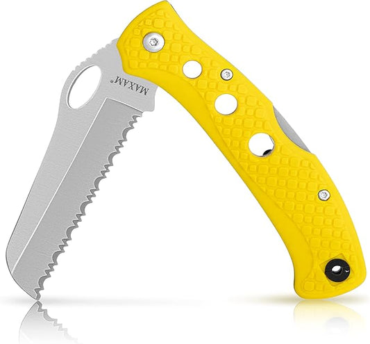 Maxam 5 Inch Saltwater Knife - Rust-Proof German Stainless Steel Serrated Blade with High-Visibility Yellow Handle, Reversible Pocket Clip, Lanyard Hole