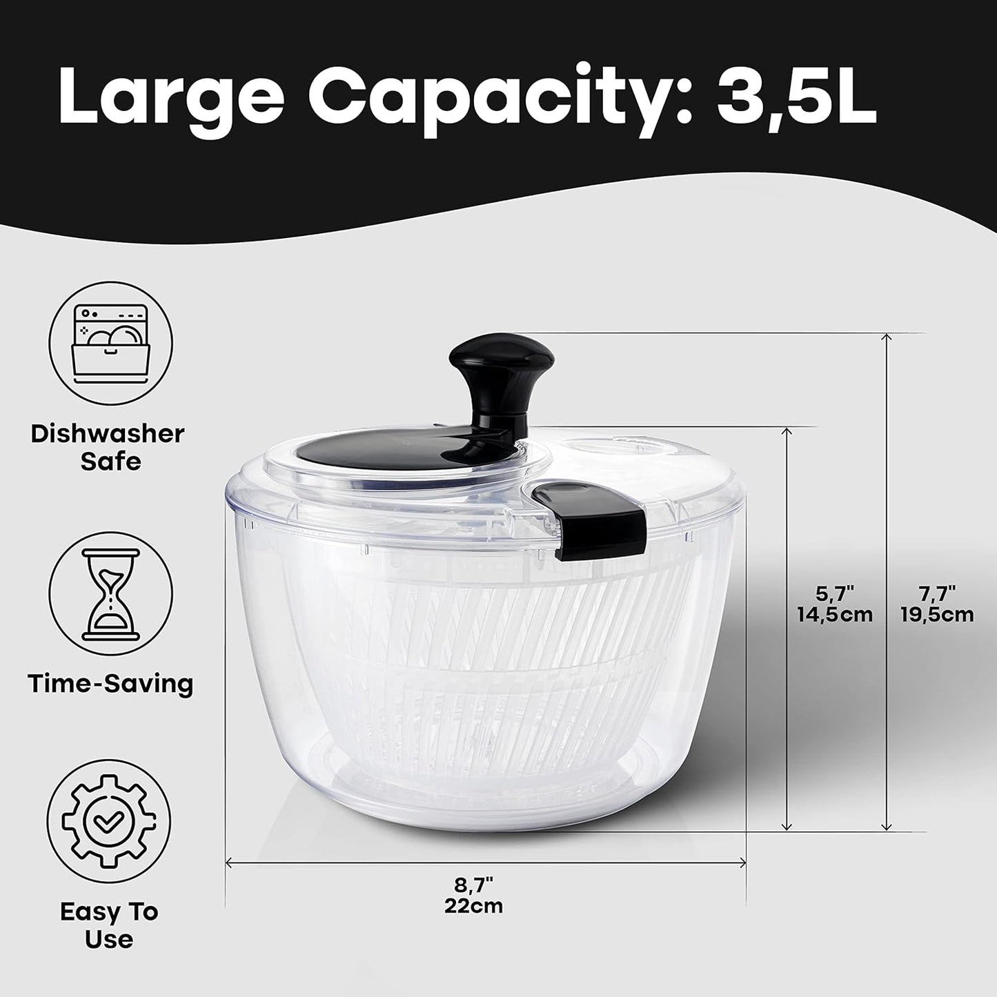 Joined Salad Spinner with Storage Lid, Drain, Bowl, and Colander - Quick and Easy Multi-Use Lettuce Spinner, Vegetable Dryer, Fruit Washer, Pasta and Fries Spinner - 3.7 Qt