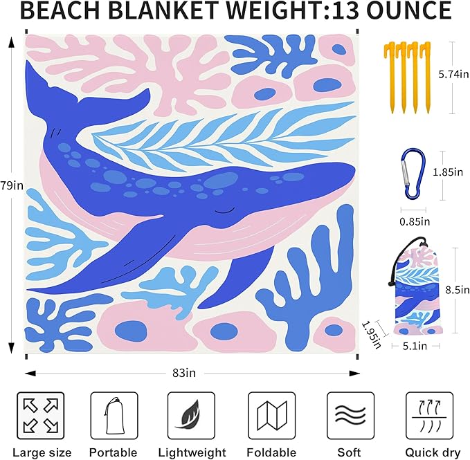 Large Beach Blanket Waterproof Sandproof 79"x 83" for 1-4 Adults,Quick Drying Beach Mat,Lightweight & Durable,Beach Essentials for Family Beach Camping Travel Picnic (Blue Whale)