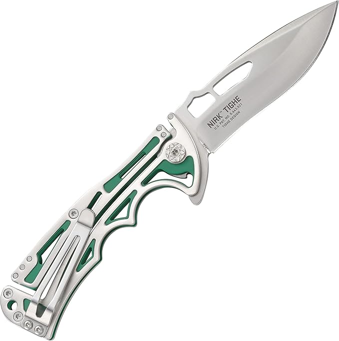 CRKT NIRK Tighe EDC Folding Pocket Knife: Stainless Steel Plain Edge Blade, Silver & Green Machined Stainless Steel Handle 5241