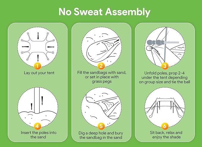 Osoeri Beach Tent, Camping Sun Shelter UPF50+ with 8 Sandbags, Sand Shovels, Ground Pegs & Stability Poles, Outdoor Shade Beach Canopy for Camping Trips, Fishing, Backyard Fun or Picnics