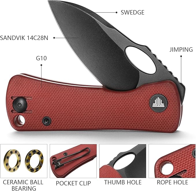 Pocket Knife for EDC,2.04in 14C28N Steel Blade,Red G10 Reversible Deep Carry Clip Handle,Folding Thumb Hole Knives for Men and Women，Andromeda-03RG