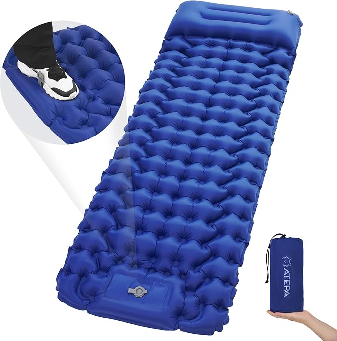 ATEPA Sleeping Pad for Camping Backpacking, Ultralight Inflatable Camping Air Mattress with Built-in Foot Pump & Pillow, 77"X27"Waterproof & Compact Sleeping Mat Navy Blue
