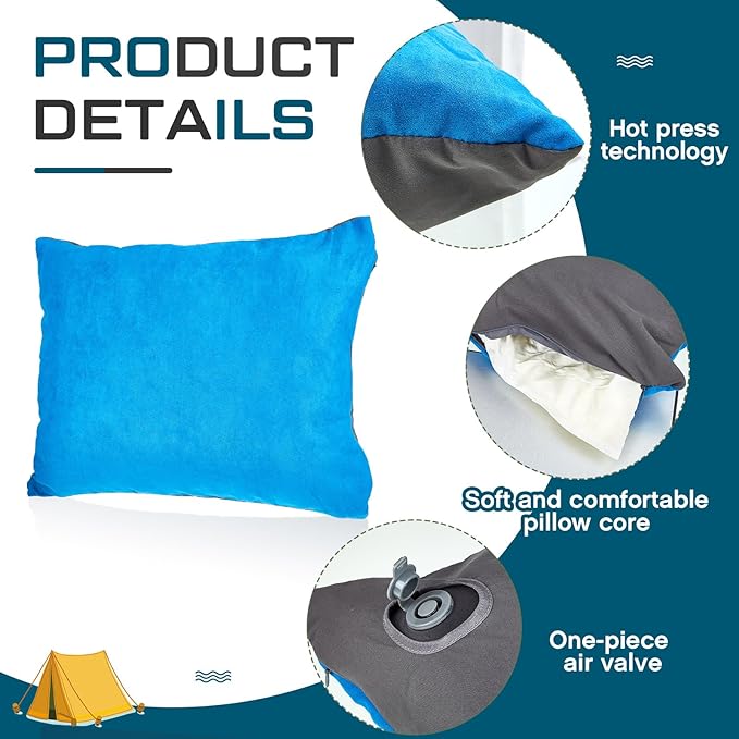 Soaoo 3 Pcs Camping Pillow Inflatable Compressible Memory Foam Foldable Travel Pillow Packable Pillow with Storage Bag for Adult Kid Backpacking Sleeping Traveling Hiking Car Essential Gear (Blue)