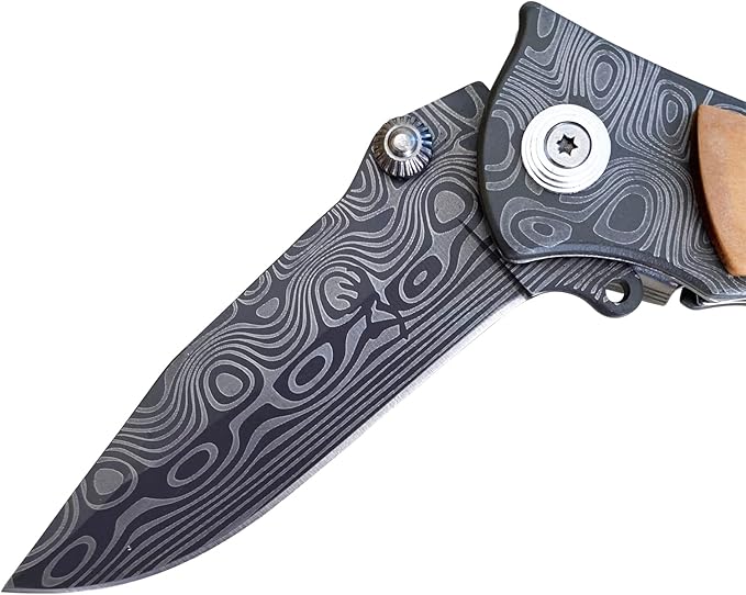 Pocket Knife, Folding Knife, Wood Handle Knife, Outdoor Camping Survival EDC Knife, gift for Men, Husband and Dad, with Nylon Pouch