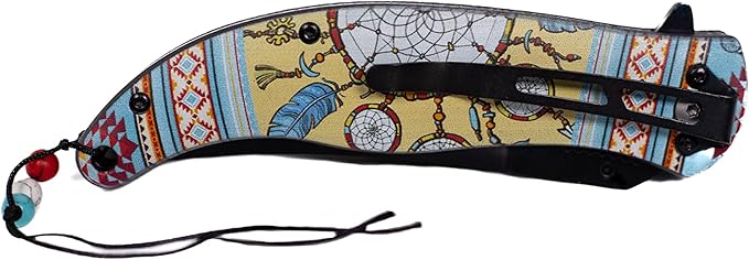 Folding Pocket Knife, 5 inch Stainless Steel Blade Pocket Knife With Buffalo Skeleton with Dreamcatchers on Horn Imprinted|American Heritage Collection| With Pocketclip For Camping, Fishing, Hiking, Gifts For Father, Husband