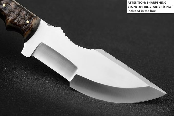 Ottoza Tracker Knife & Ram Horn Handle - Fixed Blade Hunting Knife - Horizontal Carry Knife Sheath 376