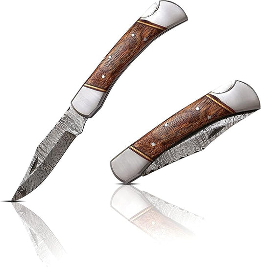 Capra Knives CK-43 Handcrafted Folding Pocket Knife 5” Folded, 9” Long Overall, 8oz Mohagni Wood Handle, Damascus Blade with Leather Sheath