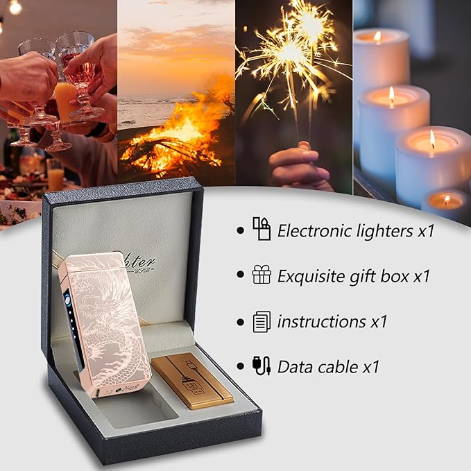 Rechargeable Lighter USB Electric Lighter Plasma Arc Candle Lighter Dragon Torch Lighter High Power Flame Windproof Lighter with LED Power Display for Camping, Hiking, Traveling (GoldDragon)