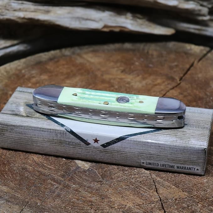 WHISKEY BENT HAT CO. Traditional Canoe Folding Pocket Knife w/Filework 3.63" Closed Length 440C Stainless Steel Blades (Ivy)
