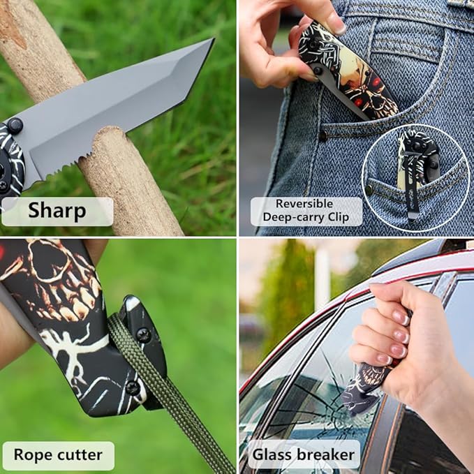 8.43" Pocket Folding Knife with Serrated Blade, Speed Spring Assisted Opening, Glass Breaker, Belt Cutter, Thumb Stud, Liner Lock and Pocket Clip, Good for Survival, Camping, Outdoor, Hunting