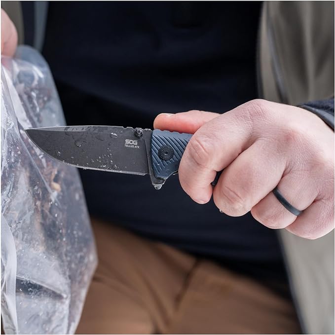 SOG Tellus ATK Outdoor Assisted Opening Frame Lock Folding Knives | Ambidextrous GRN Handle | CRYO 440C Stainless Steel Blade | Adjustable Belt Clip