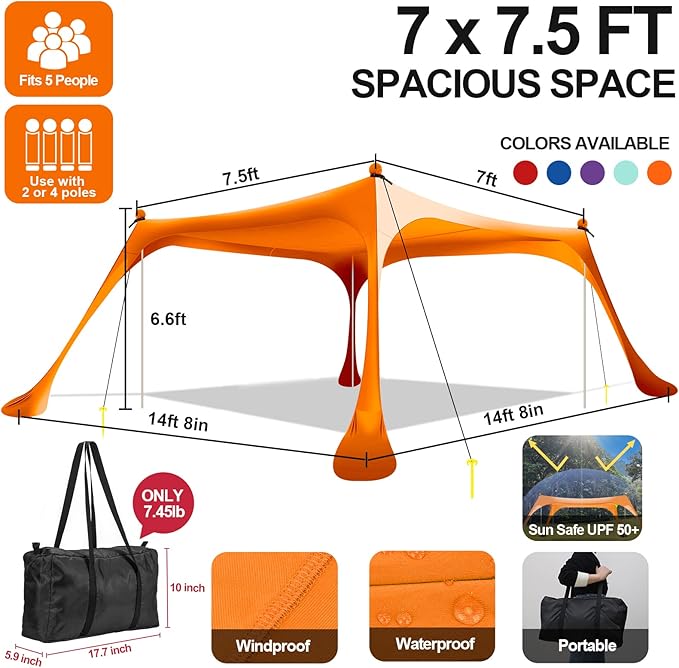 Buheco Beach Tent Pop Up Shade 7x7.5ft Beach Canopy Sun Shelter UPF50+ with 4 Foldable Poles-Portable Carrying Bag-Sand Shovel-Ground Pegs-Windproof Ropes for Outdoor Family Camping-Fishing- Picnic