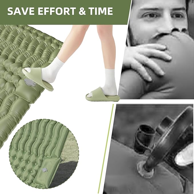 Double Sleeping Pad for Camping, Self-Inflating Sleeping Mat with Built-in Foot Pump, Air Mattress with Pillows, Foldable Camping Sleeping Pad for Hiking, Backpacking, Traveling (Green)