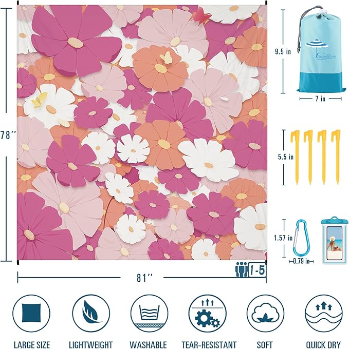 Beach Blanket Sandproof Waterproof 78''×81'' 1-5 Adults Oversized,Compact Lightweight Durable Beach Mat for Travel Camping Hiking Picnic Blanket