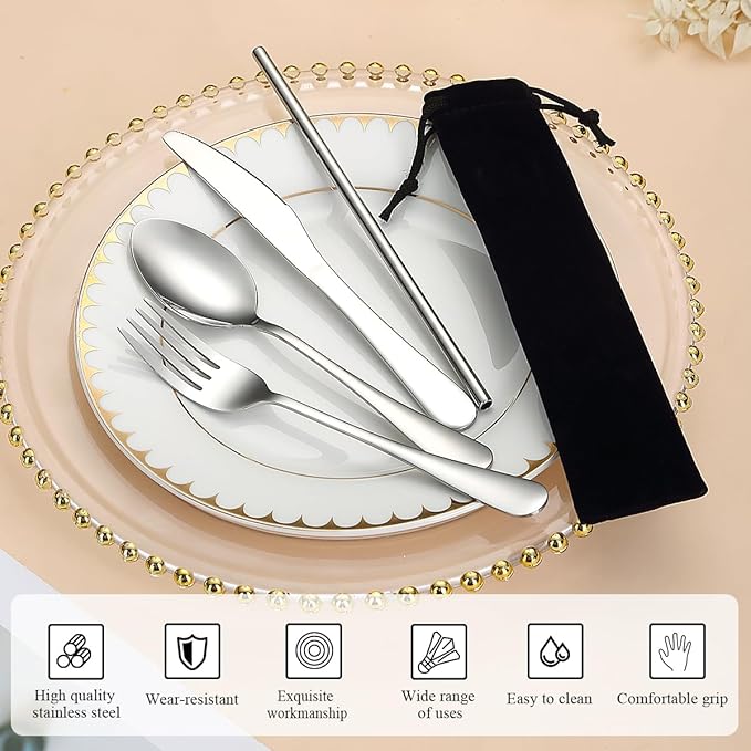 Kyraton Portable Flatware, Reusable Camping Flatware, Bento Box Flatware, Silverware For School/Work/Office/Outdoor, Dishwasher Safe, Set of 4 Pieces
