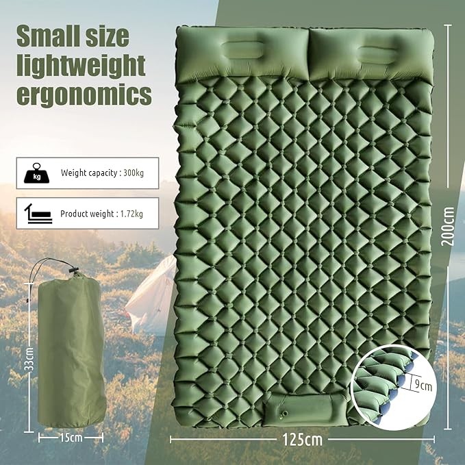 Double Sleeping Pad for Camping, Sleeping Mats for Camping Self Inflating Camping Pad 2 Person with Pillow Built-in Foot Pump Suitable for Backpacking, Portable Camping Mats 79 * 49.2 * 3.5 Inch