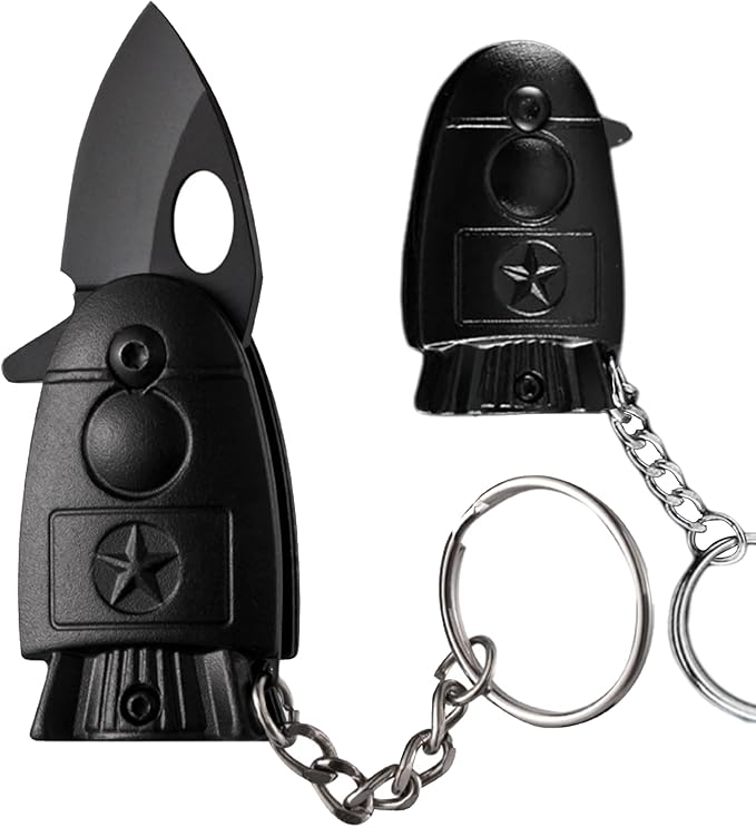 Rocket Shaped EDC Knife, Cool Key Chain Knife, Pocket Knife with Stainless Steel Blade, Suitable for Wilderness Survival, Collection, Daily Use and Outdoor Travel (Black)