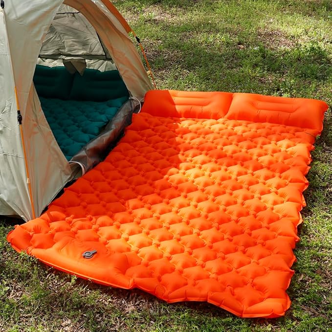 Sleeping Pad for Camping, Inflatable Sleeping Mat with Pillow, Camping Pad with Built-in Foot Pump, Lightweight Camping Mattress Pad for Car Camping, Backpacking, Tent and Hiking (Full (Orange))