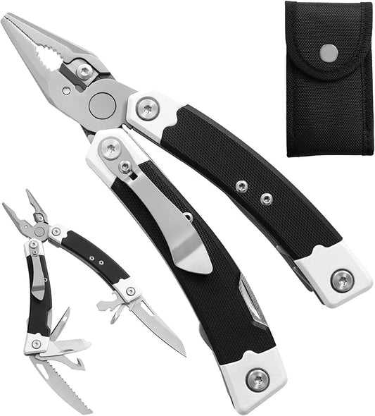 G10 Handle Multitool Pliers with YG10 Tungsten Steel Replaceable Wire Cutters 12 in 1 Multi Tool Pocket Knife with Safety Lock,Saw,Bottel Opener for Camping,Survival with Nylon Sheath (black)
